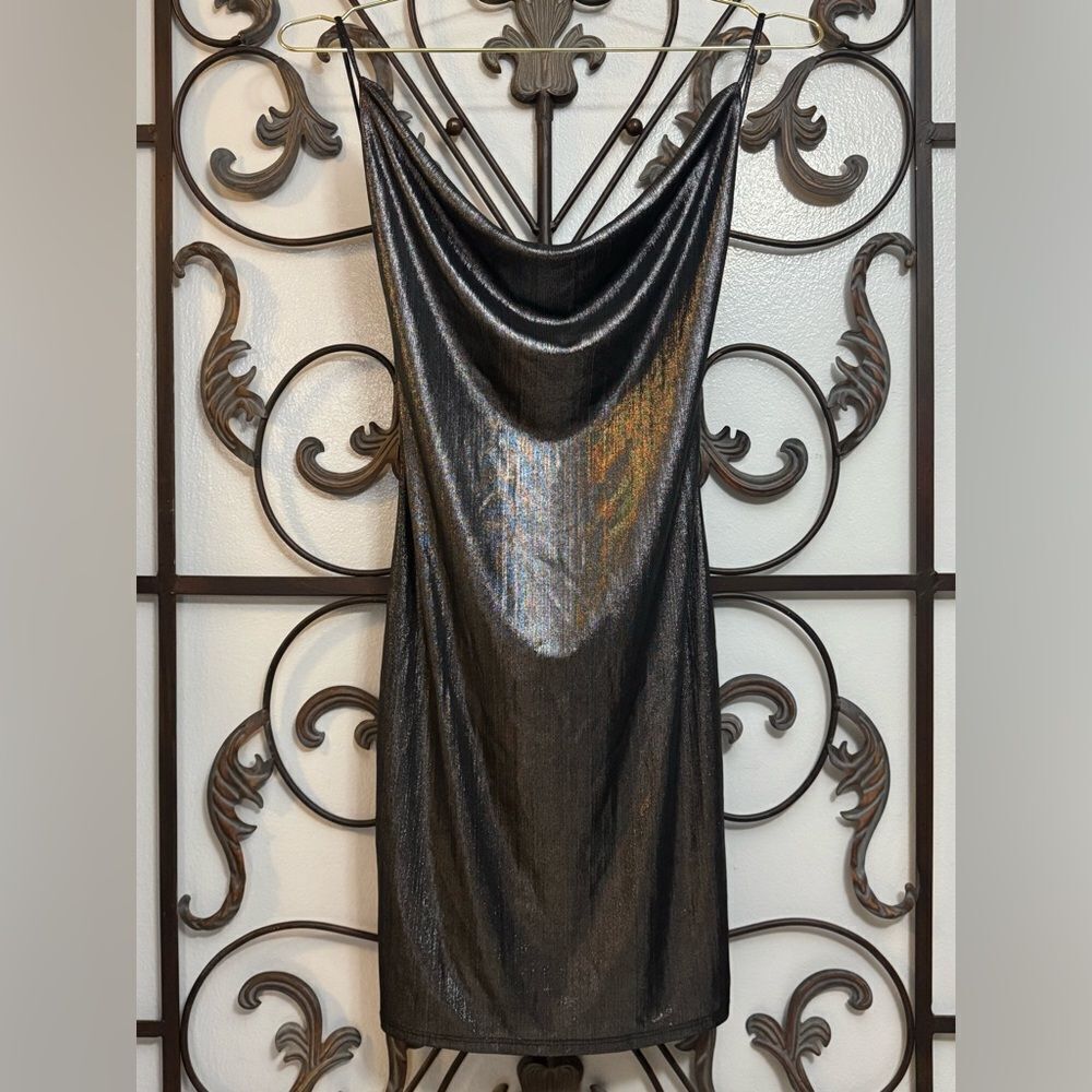 Shimmering Black Silver Slip Bodycon Stretch Party Dress with Low Back and Drape